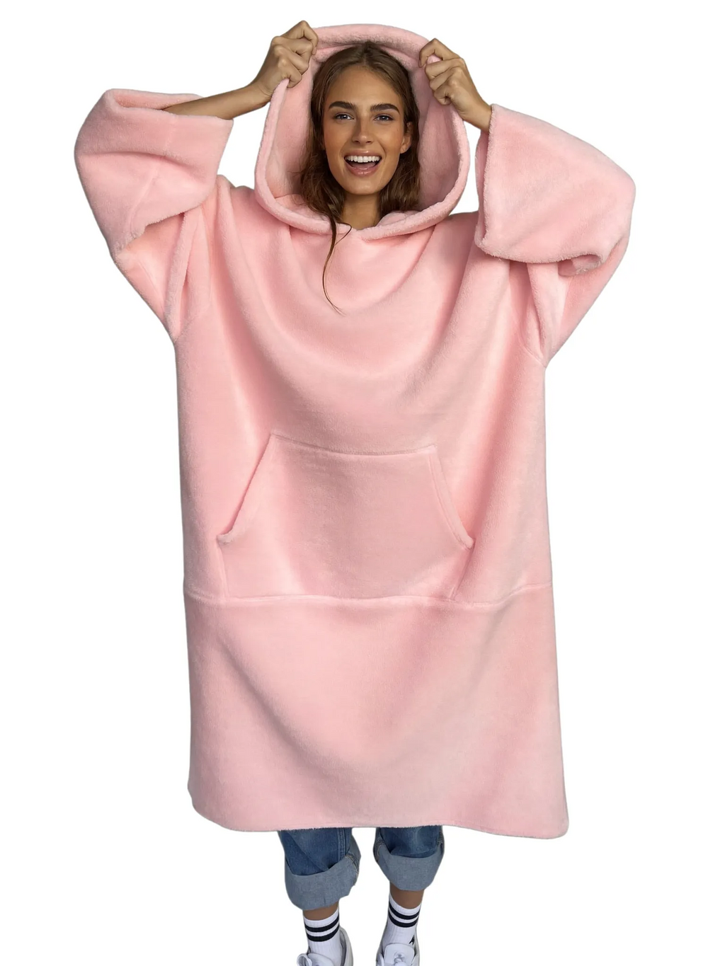Floodie Marshmallow Pink oversized floor-length hoodie blanket